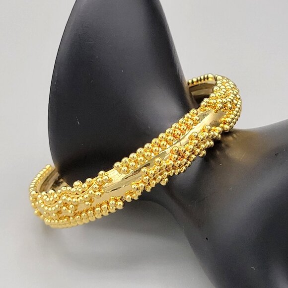 Gold Tone Studded Beaded Bangle Bracelet Stackable Retro Style Up to 7 1/2" - Picture 2 of 5